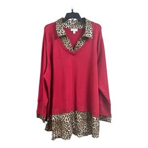 NWOT Belle by Kim Gravel Red V-Neck Sweater with Leopard Trim